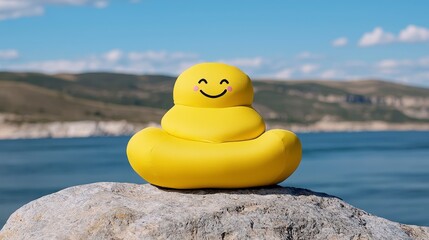 Obraz premium Cheerful Yellow Rubber Duck With Smile Sitting On A Rock By A Scenic Lake Under Blue Sky