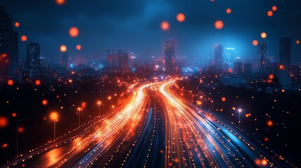 Fototapeta premium Smart City with Glowing Light Trails Representing Big Data Connection Technology