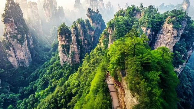 Majestic Mountain Scenery With Lush Green Forest In China