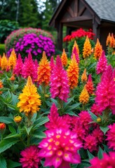 Naklejka premium Vibrant celosia flowers blooming in a garden surrounding a house, design, garden, decoration