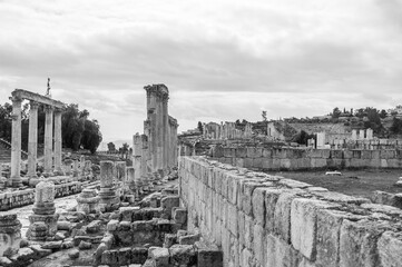 The image is a black and white photo of a large