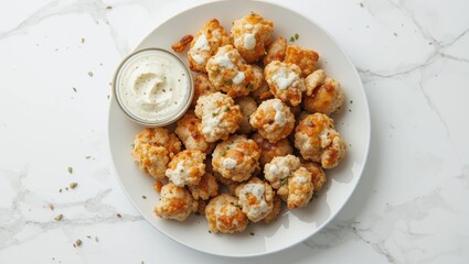 Crispy Fried Cauliflower Bites with Creamy Dipping Sauce on Marble Table Surface