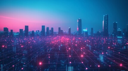 Smart City Dot Point Connect: Gradient Grid Line with Night City Banner and Big Data Concept