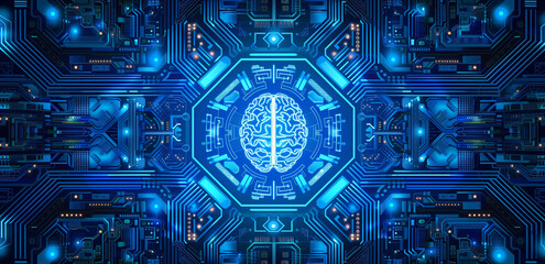 Abstract blue circuit board background with a futuristic, glowing brain in the center