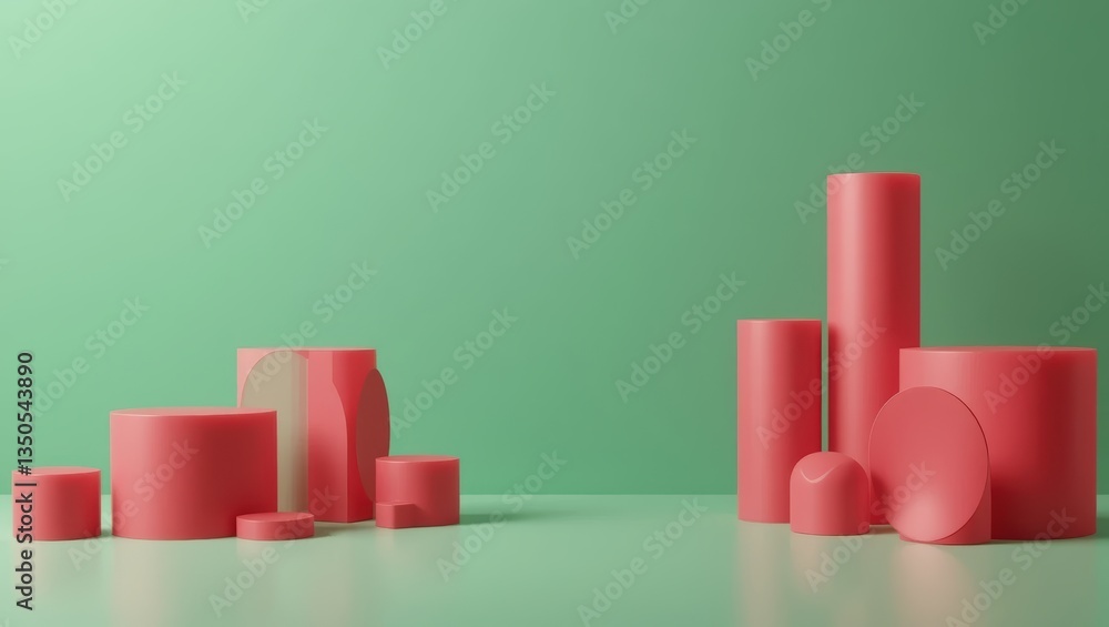 Poster geometric red shapes in various forms on a soft green background in minimalist composition