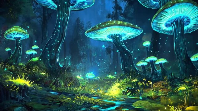 Glowing Mushrooms In A Magical Forest At Night