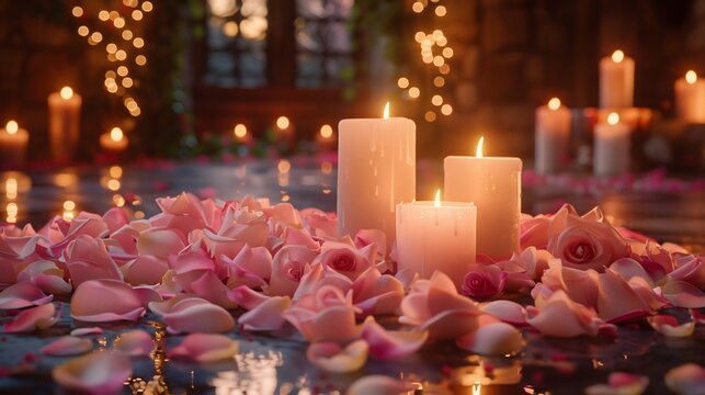 Magical engagement acceptance wish card with a dreamy castle backdrop scattered rose petals and a romantic candlelit ambiance One side is blank for writing a heartfelt note and names