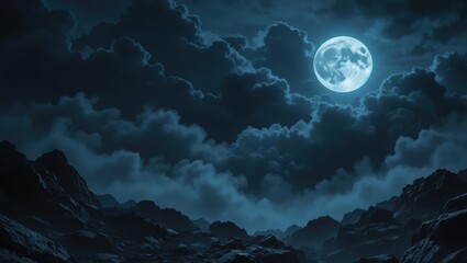 Majestic Full Moon Illuminating Dark Clouds Over Mysterious Mountain Landscape at Night