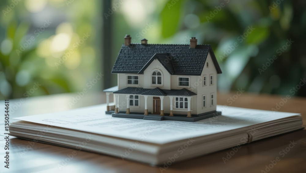 Aufkleber miniature model of a house on an open book with greenery in the background