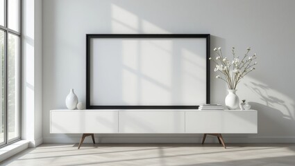 Minimalist Interior Design Featuring A White Cabinet With Framed Empty Space In Modern Living Room