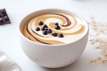 Swirled Yogurt Dessert for Chocolate Chips, White Bowl.