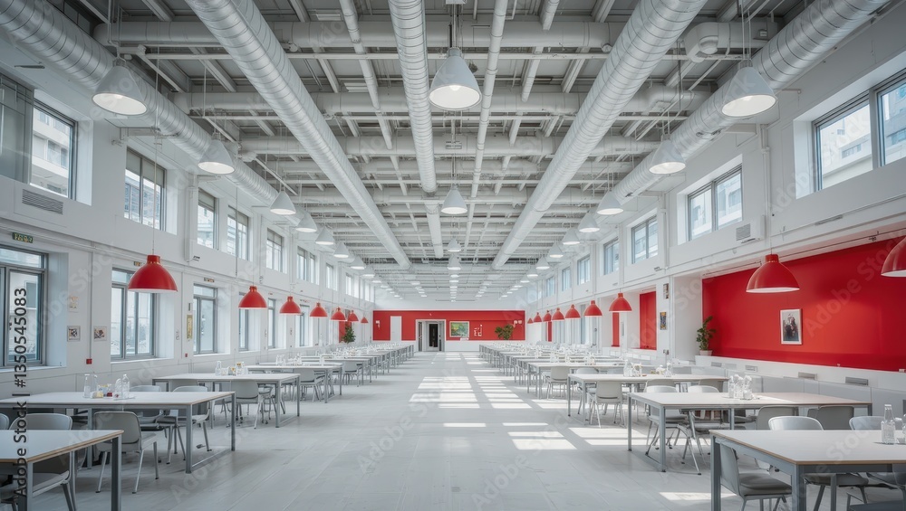 Poster modern open workspace with tables and chairs under bright lighting in a contemporary setting