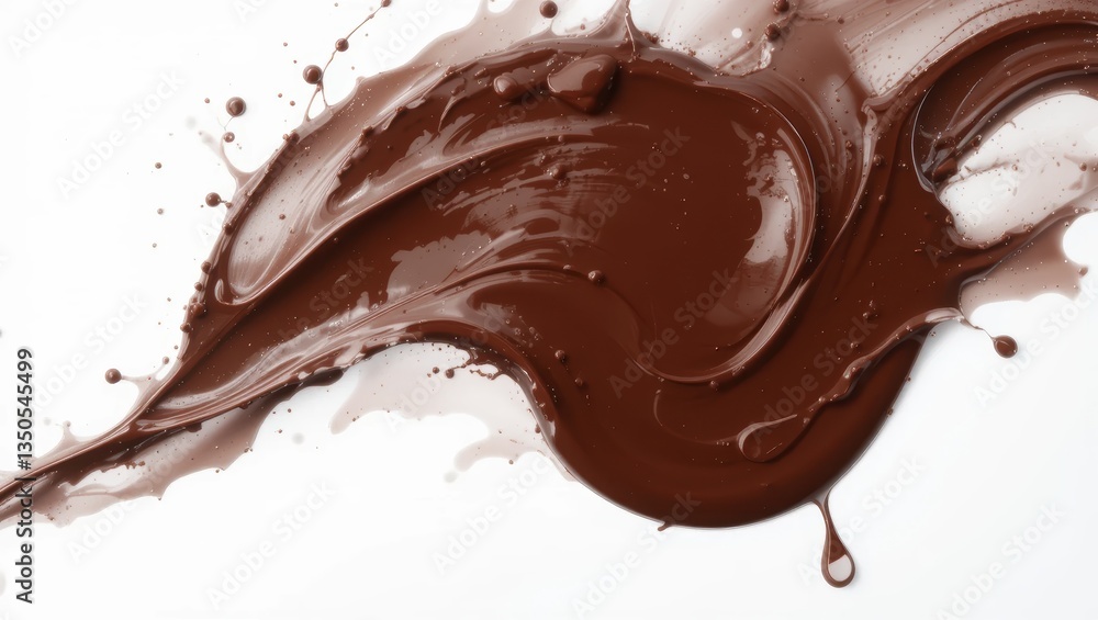 Poster rich chocolate sauce swirling smoothly across a white surface creating artistic abstract texture