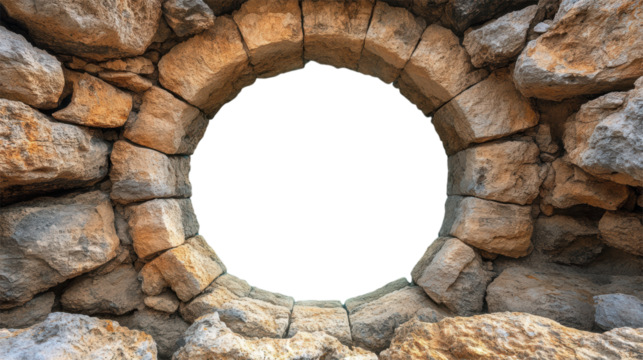 Ancient Round Stone Archway with Rustic Textured Rock Formation and Dark Circular Opening Isolated on Transparent and White Background