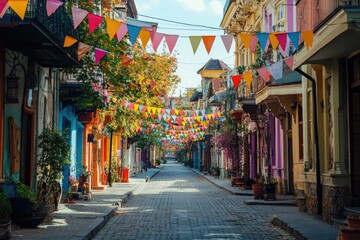 Fototapeta premium The vibrant streets of Tbilisi are adorned with colorful flags, creating a festive atmosphere.