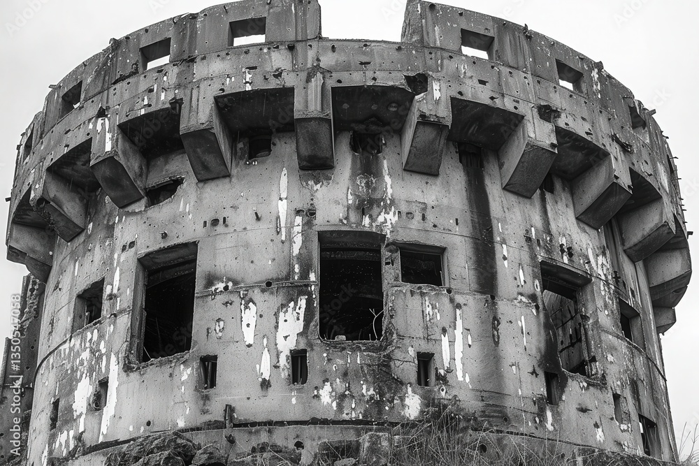 Poster a large, crumbling building with many windows and a large hole in the middle