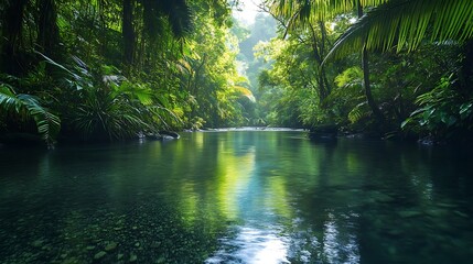 Serene jungle river flowing through lush, vibrant foliage