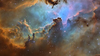 Obraz premium Stellar nursery where new stars ignite surrounded by swirling gas clouds in vivid blues and purples