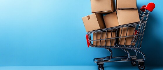 Cart full of packages with blue backdrop.