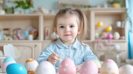 Obraz premium Child painting Easter eggs. A young girl engrossed in Easter egg decorating. Small hands, focused on creative activity. Springtime, family fun