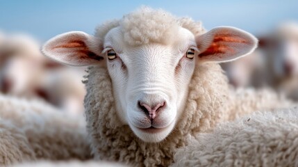 Close-up of a sheep, facing forward, with a soft, fluffy coat