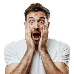 A man's open mouth and wide eyes capture a moment of surprised yelling on transparent background
