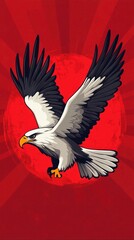 Fototapeta premium Dramatic of a powerful and majestic bald eagle soaring high up in the sky with its wings fully outstretched against a vibrant red and fiery background Representing strength freedom