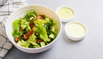 fresh vegetable salad in a white bowl with sauce