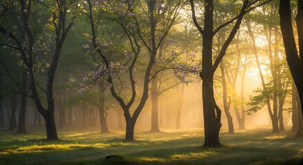 Golden Sunrise in Misty Forest with Blooming Trees