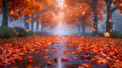 Serene autumn pathway lined with vibrant orange leaves under a misty atmosphere in a tranquil park