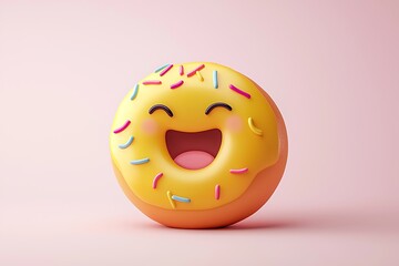 Donut emoji with colorful sprinkles and a silly grin on a pale pink background