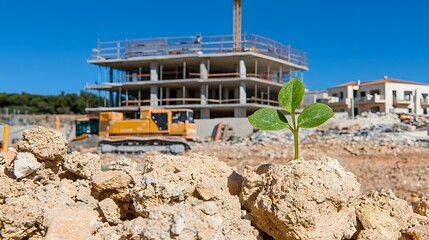 New Plant Growing in the Soil at a Construction Site with Cranes and Machinery Under Clear Blue Sky