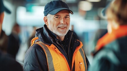 Ferry worker interacting with passengers at the port terminal.
