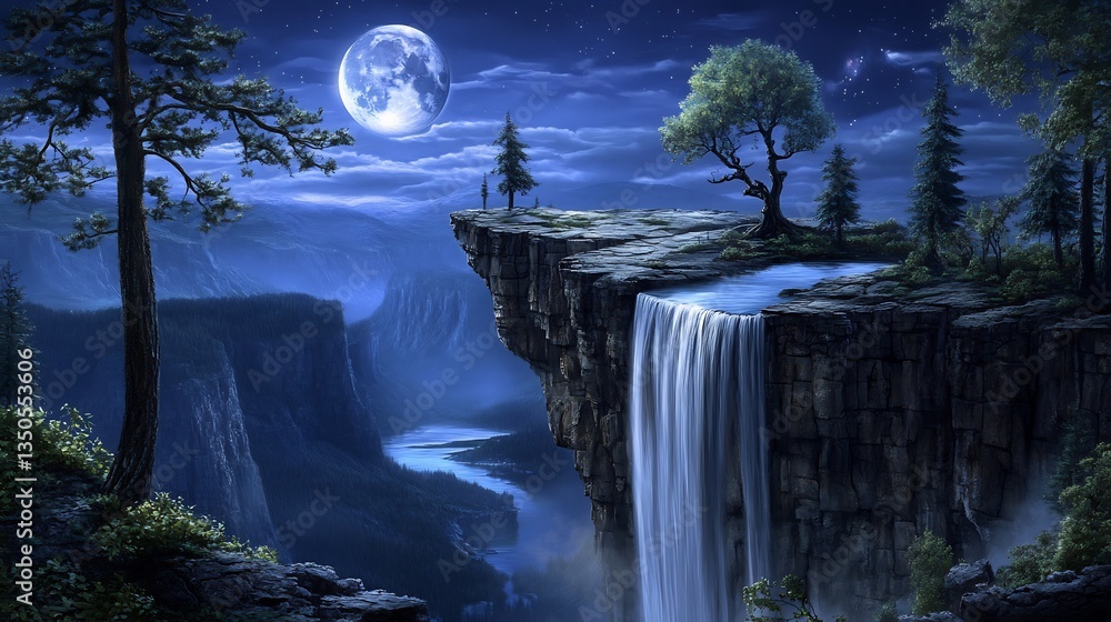 Wall mural surreal planet where gravity is warped causing rivers to flow upward and moons to orbit chaotically
