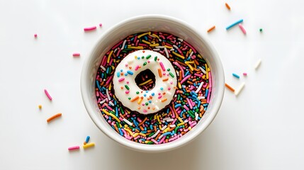 Delicious White Frosted Donut Surrounded by Colorful Sprinkles in a Round Bowl