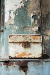 A backdrop showcasing an old-fashioned tin box that exudes a charming, weathered look.