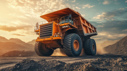 Obraz premium Heavy-Duty Dump Truck Transporting Earth Through a Dusty Open-Pit Mine, Rear View