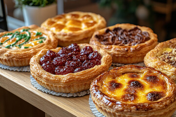 A wooden shelf with a variety of baked goods, including tarts and pastries, displayed in an array, each with a different filling and texture.