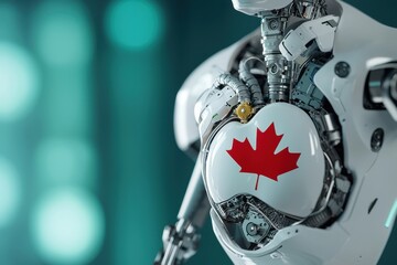 Close-up of a modern white robot with a red maple leaf emblem on its head