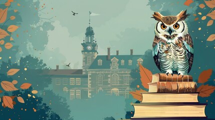 Prestigious professor achievement wish card displaying grand university hall wise owl sitting atop stack of book elegant quill writing success One side of card remains blank writing recipient name