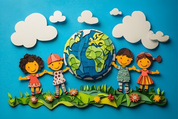 Naklejka premium Colorful Papercraft Depiction of Diverse Children Holding the Earth Surrounded by Nature and Clouds