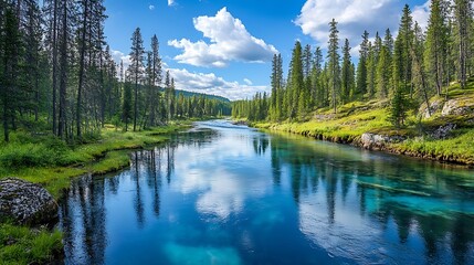 Fototapeta premium Serene river flowing through a lush forest