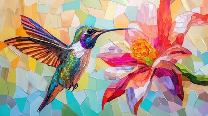 A Colorful Hummingbird Approaches a Bright Red Flower To Eat