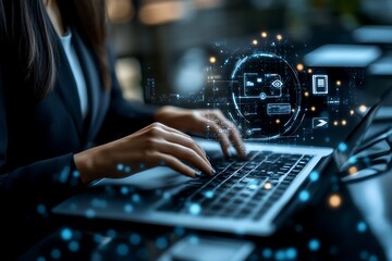 A business woman typing on a laptop with data visualization