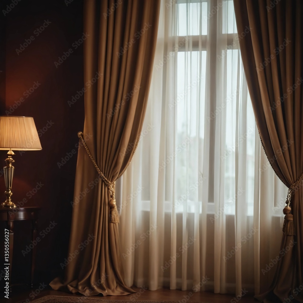 Poster luxurious silk curtains cascade elegantly from a window, allowing soft sunlight to filter through sh