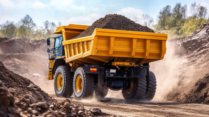 Obraz premium Heavy-Duty Dump Truck Transporting Earth Through a Dusty Open-Pit Mine, Rear View