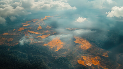 Obraz premium High-Altitude Aerial View of Forest Patches in the Amazon Rainforest Highlighting Deforestation and Environmental Destruction