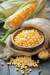Fresh Corn Kernels in Wooden Bowl Rustic Harvest