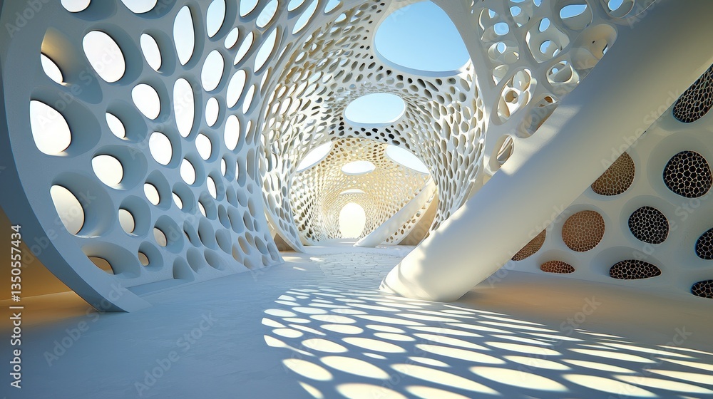 Poster high-detail white hexagonal structures forming an intricate modern pattern with depth.