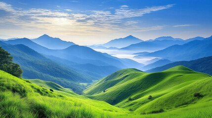 Obraz premium Lush green hills roll into distance, framed by majestic mountain range under glowing sunset sky. serene landscape evokes sense of tranquility and wonder